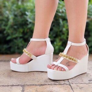 Women's Gold Chain High Wedge Platform White Color